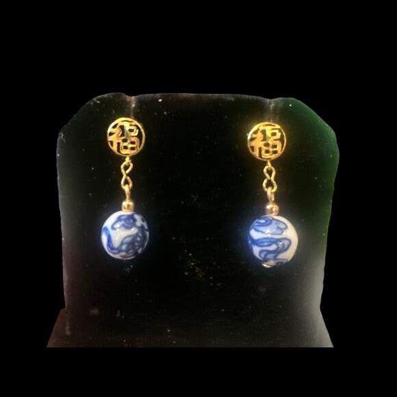 Chinoiserie Porcelain Drop Post Earrings Gold Chinese Symbol Blue & White - Picture 1 of 6